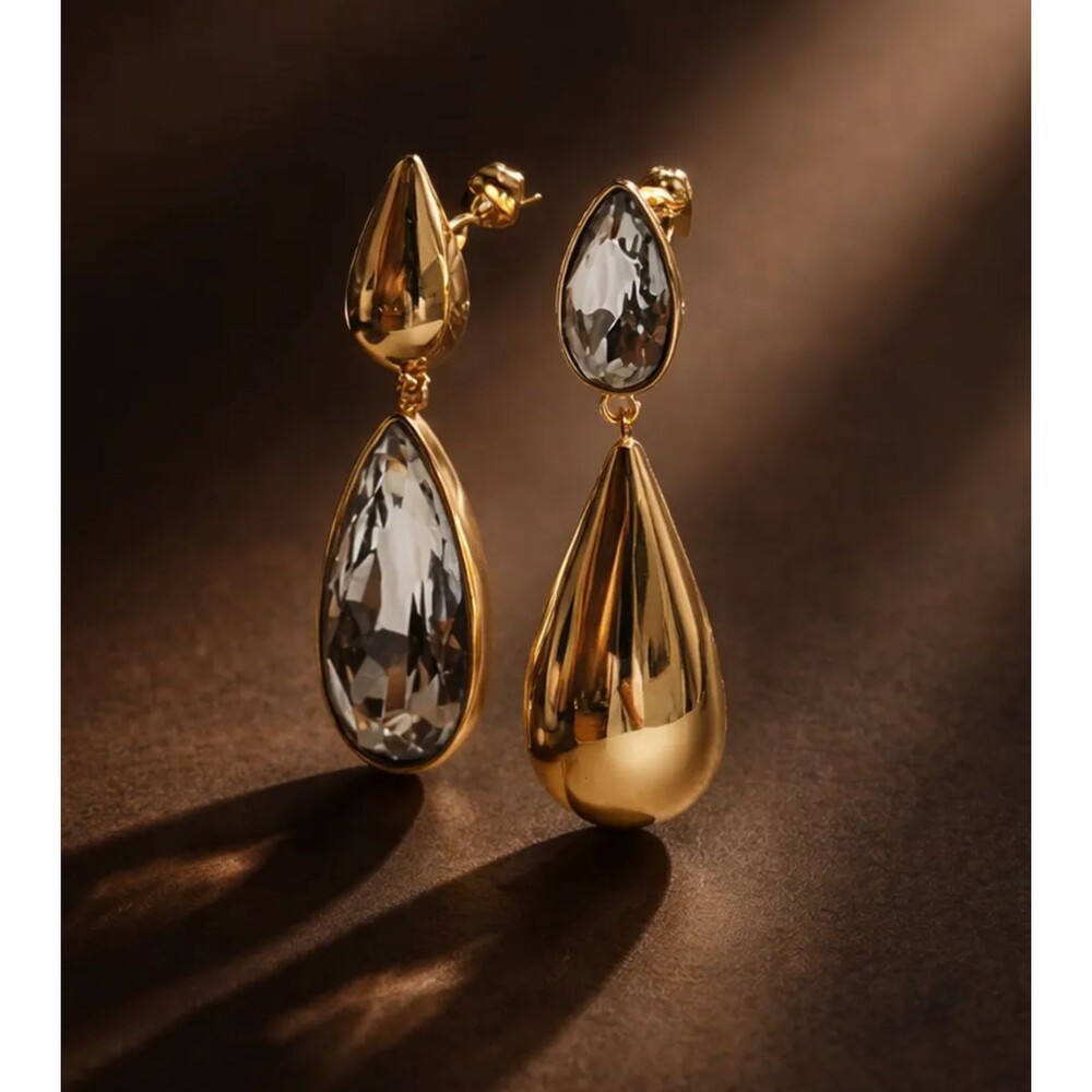 Gold Tone Teardrop Dangle Earrings Clear Crystal Reversible Statement EarringsGo